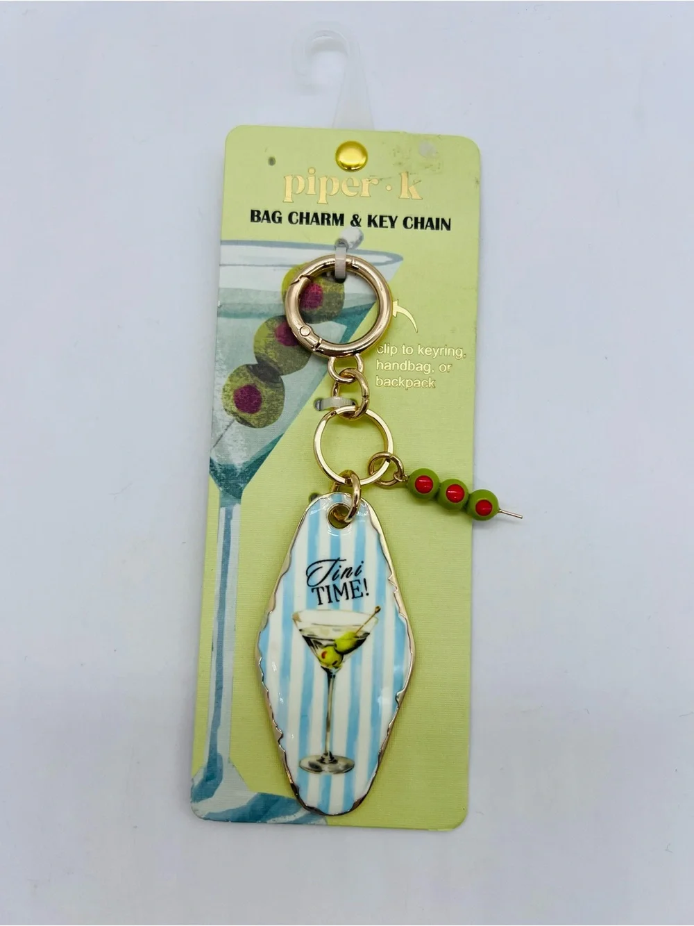 Piper K Blue Striped 'Tini Time' Martini Bag Charm & Key Chain NWT